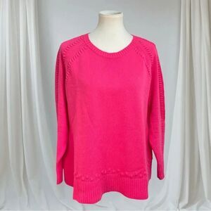 Sail to Sable crewneck sweater, hot pink pompoms pullover cashmere wool blend